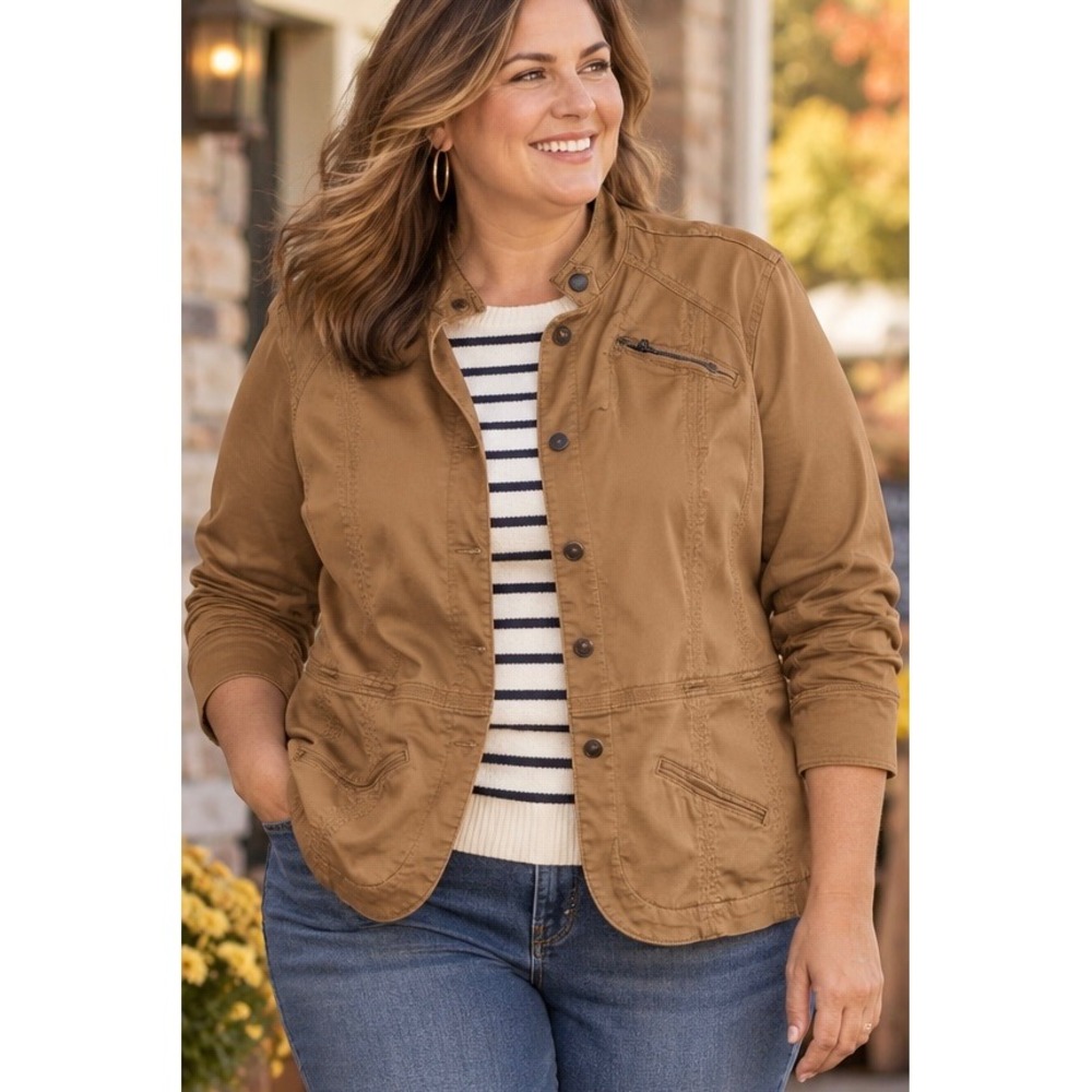 Coldwater Creek Brown Utility Jacket 16 Cotton Spandex Button Front Mock Neck